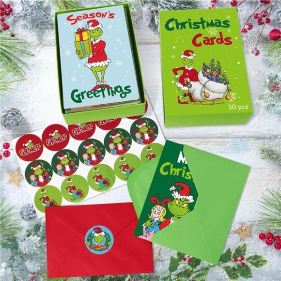 Set of 30 Grinchs Cards Bulk Boxed with Envelopes and Stickers,6 Assorted Design - Picture 4 of 6